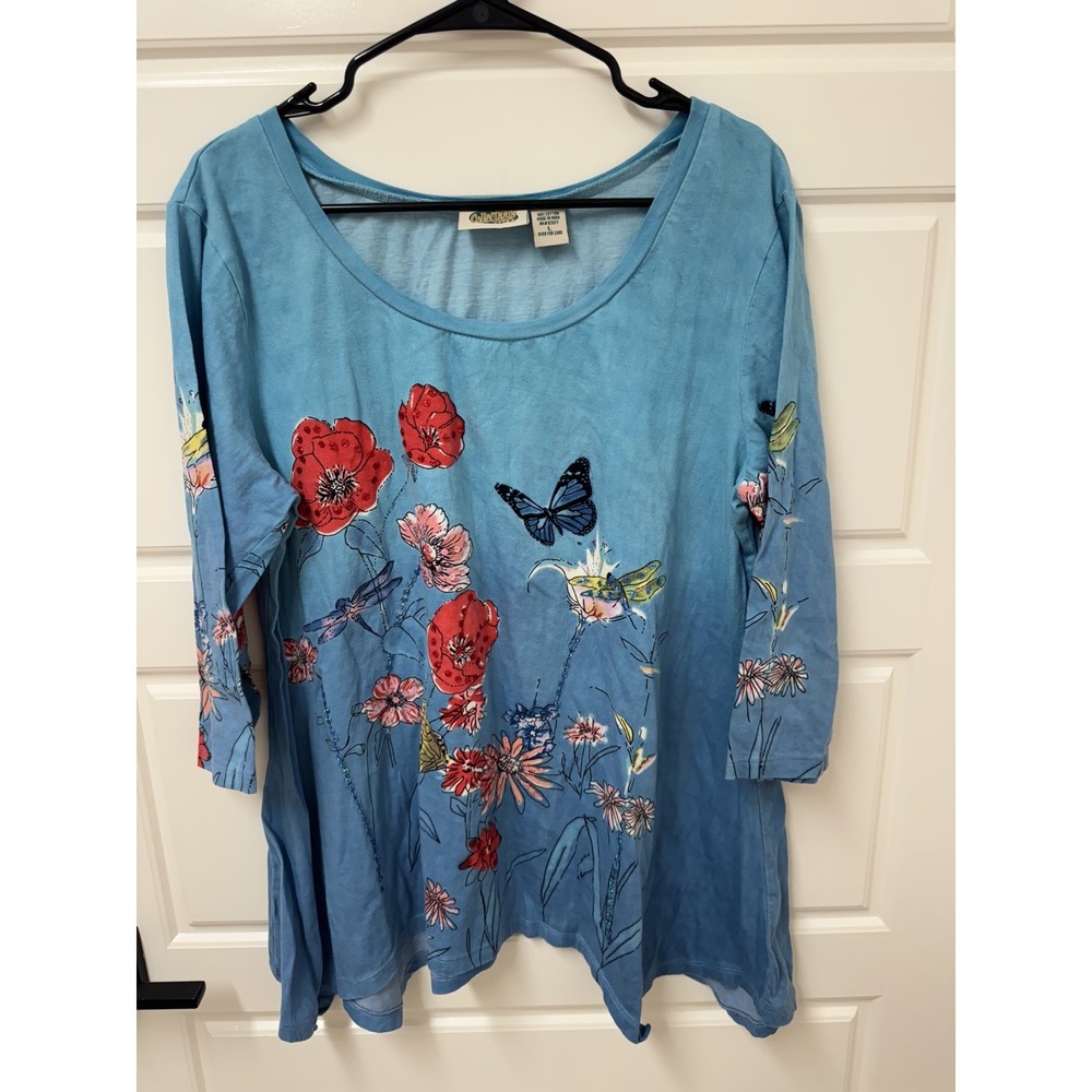 Collections Etc Womens Large Blue Sequin Floral Butterfly Sharkbite Tunic Blouse
